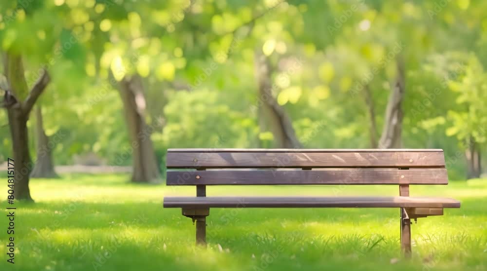 A peaceful park scene with a wooden bench under the shade of vibrant green leaves A peaceful park scene with a wooden bench under the shade of vibrant green leaves
