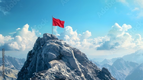 flag on the mountain peak, meaning overcoming difficulties, goal achievement, winning strategy with focus on results 