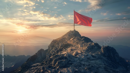 flag on the mountain peak, meaning overcoming difficulties, goal achievement, winning strategy with focus on results 