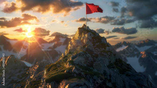 flag on the mountain peak, meaning overcoming difficulties, goal achievement, winning strategy with focus on results 