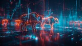 Digital bull and bear holograms in a futuristic cityscape, Concept of stock market trends and financial analysis