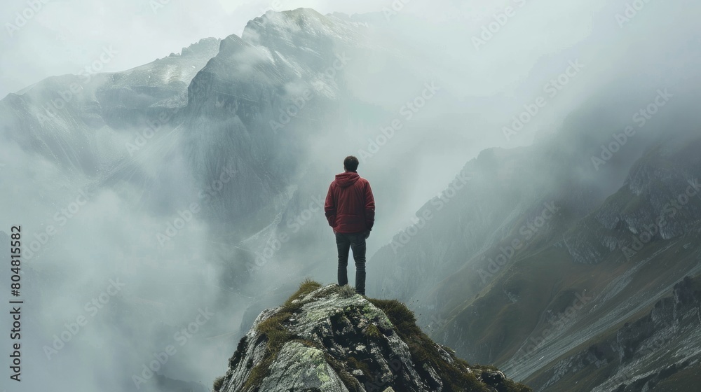 Spectacular mountain scenery with a contemplative man gazing across the vast landscape.