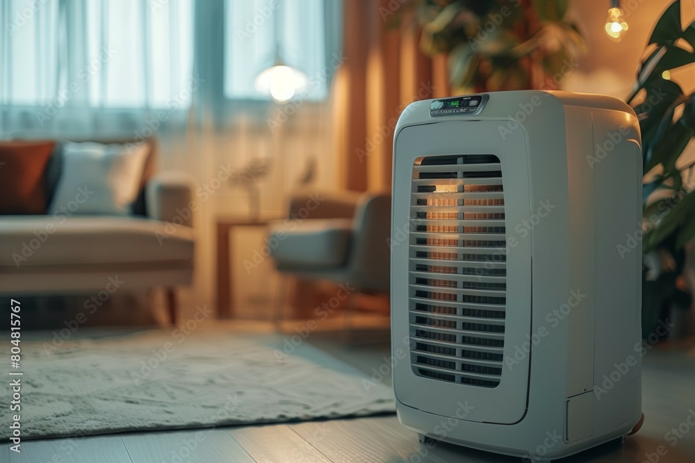 A white portable air conditioner sits on a wooden floor in a living room. Summer heat concept A white portable air conditioner sits on a wooden floor in a living room. Summer heat concept