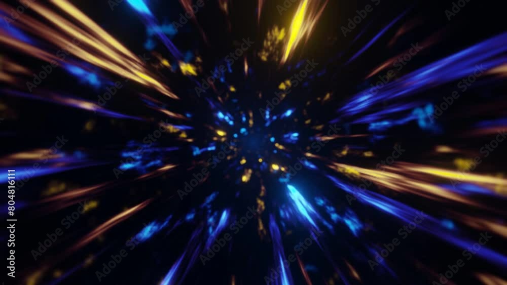 vj loop. abstract motion background. 3D sci fi rotating yellow and blue rays, technology tunnel. seamless 4K