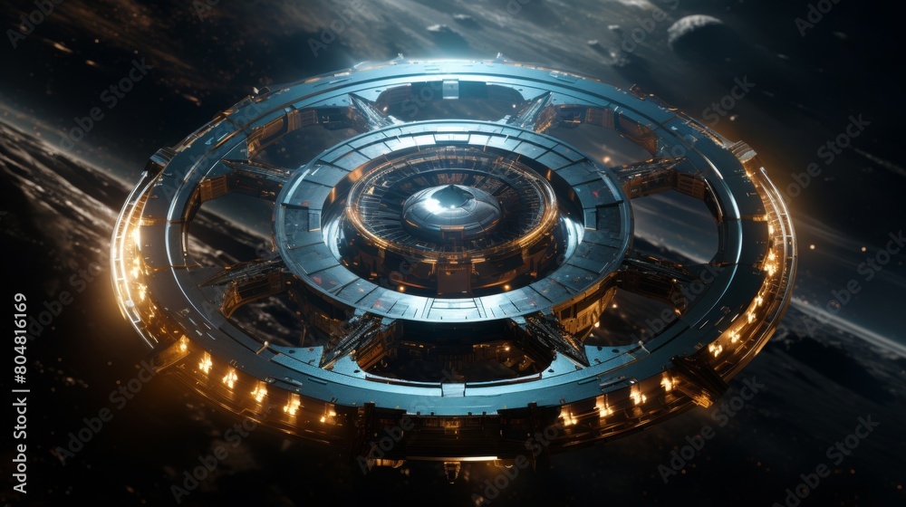 futuristic space station in outer space. futuristic space station in outer space.