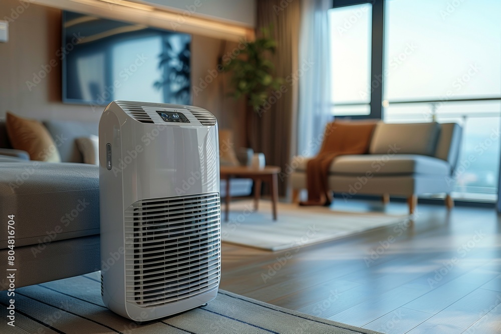 A white air purifier sits on a rug in a living room. Summer heat concept A white air purifier sits on a rug in a living room. Summer heat concept