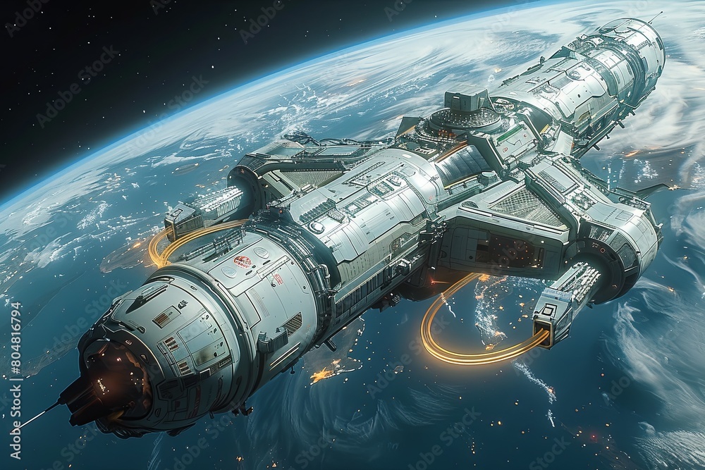 Obraz premium Colossal Space Station Orbiting Earth: Zero-Gravity Quarters and Panoramic Architecture