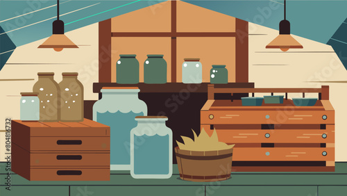 A rustic kitchen adorned with vintage mason jars and old wooden crates bringing a touch of farmhouse charm to the modern space.. Vector illustration