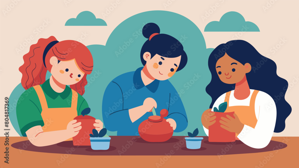As the students carefully mold the clay their faces are filled with concentration and determination creating beautiful pieces that reflect their love. Vector illustration As the students carefully mold the clay their faces are filled with concentration and determination creating beautiful pieces that reflect their love. Vector illustration