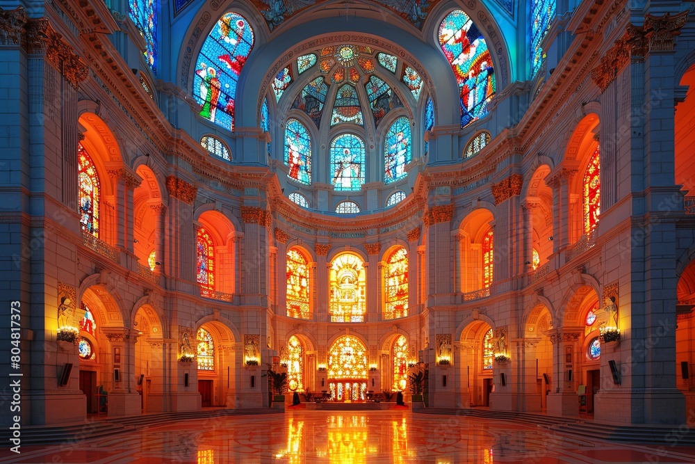 Divine Splendor: Cathedral's Vaulted Ceiling & Biblical Stained-Glass Marvel
