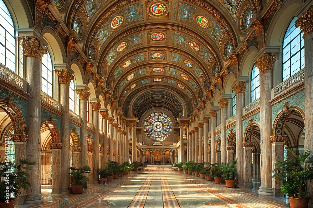 Divine Cathedral: Vaulted Ceiling and Biblical Stained-Glass Windows Divine Cathedral: Vaulted Ceiling and Biblical Stained-Glass Windows