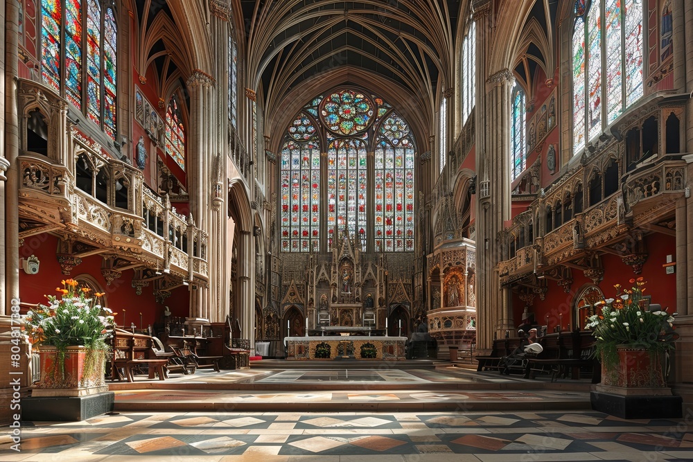 Fototapeta premium Stunning Gothic Cathedral with Celestial Stained-Glass Windows Depicting Cosmic Events