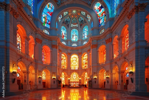 Divine Splendor: Cathedral's Vaulted Ceiling & Biblical Stained-Glass Marvel