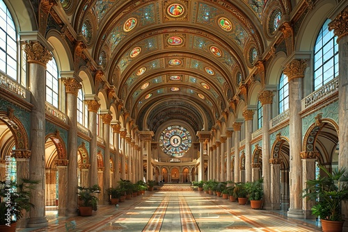 Divine Cathedral: Vaulted Ceiling and Biblical Stained-Glass Windows