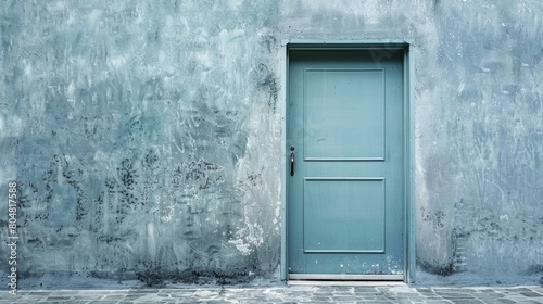 Old blue door with concrete wall and stone floor. © LAYHONG