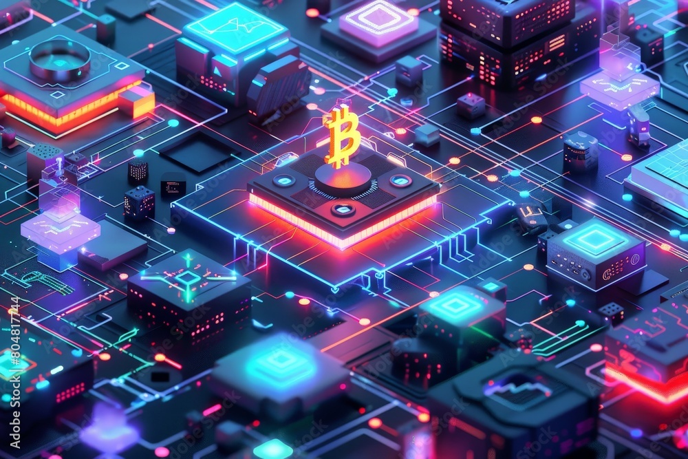 Circuit board with bitcoin and cryptocurrencies, concept of blockchain and cryptocurrency network Circuit board with bitcoin and cryptocurrencies, concept of blockchain and cryptocurrency network