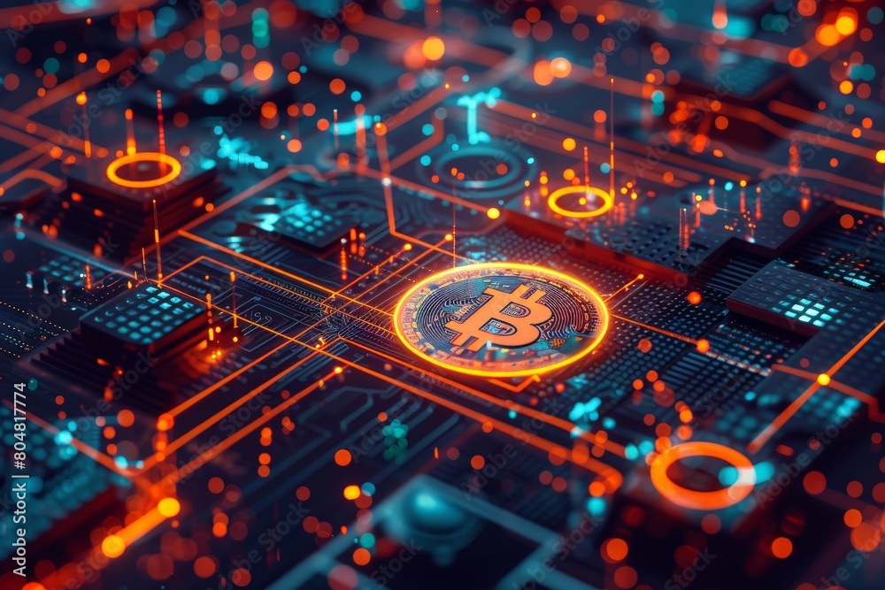 Circuit board with bitcoin and cryptocurrencies, concept of blockchain and cryptocurrency network Circuit board with bitcoin and cryptocurrencies, concept of blockchain and cryptocurrency network