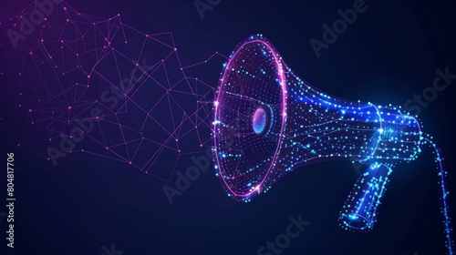Hologram of a megaphone releasing particles on a purple background, marketing concept photo