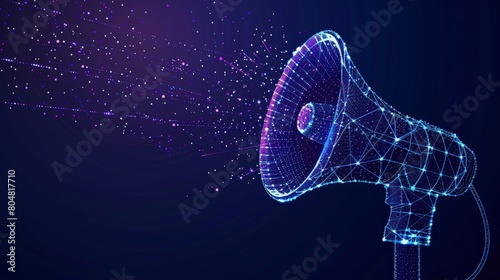 Hologram of a megaphone releasing particles on a purple background, marketing concept