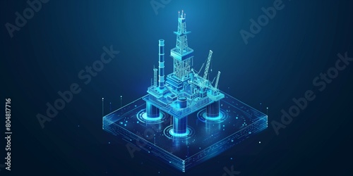 Hologram of an oil rig on a blue background, oil platform isometric model