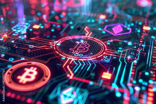 Circuit board with bitcoin and cryptocurrencies, concept of blockchain and cryptocurrency network