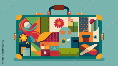 A vintage suitcase turned into a oneofakind installation piece using only thrifted fabrics and trinkets steals the show at the thrift store art. Vector illustration