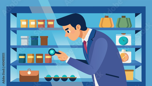 A young man with a keen eye scans the shelves for any vintage watches or cufflinks knowing their potential value beyond their humble thrift store. Vector illustration