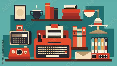 A vintagethemed office with a display of working typewriters from different eras a nod to the evolution of writing technology.. Vector illustration