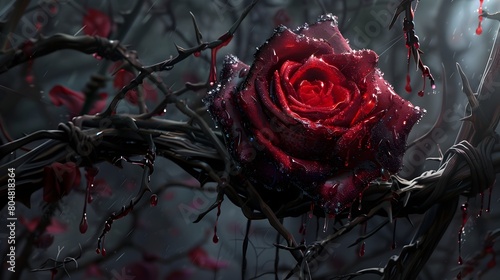 Ominous Gothic Rose Dripping with Blood Red Crystalized Petals Ensnared in Menacing Thorny Vines Amidst Gnarled Wrought Iron