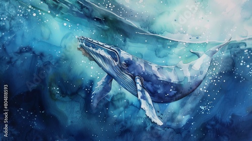 Watercolor of a gentle blue whale gliding through deep ocean waters, surrounded by soft bubbles and subtle light rays