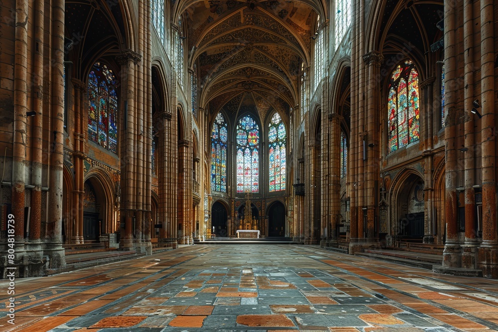 Obraz premium Romanesque Church: Stained-Glass Splendor & Majestic Vaulted Ceiling
