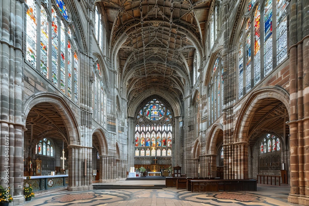 Romanesque Church Splendor: Stained-Glass Windows & Grand Vaulted Ceiling