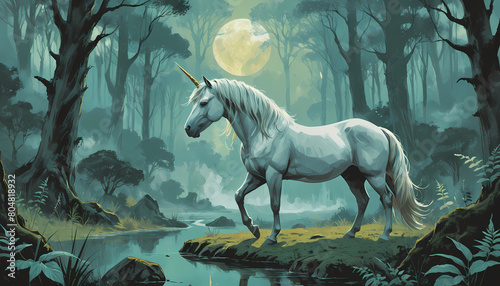 White Unicorn in a fantasy forest © Violet