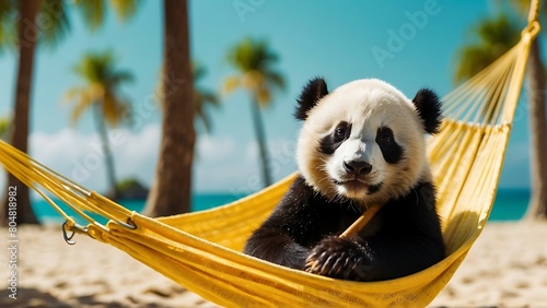 Cute panda bear in hammock on tropical beach. Summer vacation concept photo