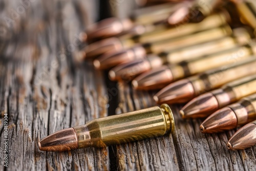 Rifle ammunition on a wooden table, gun bullets, ballistic projectile