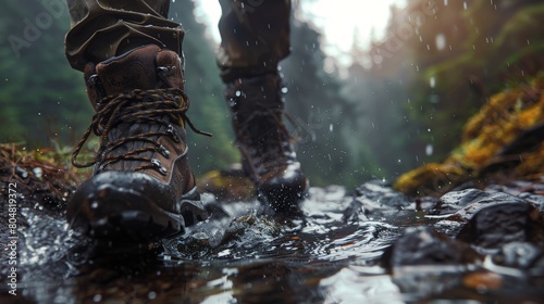 Close-up of hiking boots walking in forest with wet ground, trail in the forest on a rainy day