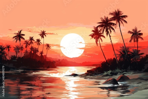 The setting sun casts a golden glow on the beach, palm trees, and ocean. © NEW