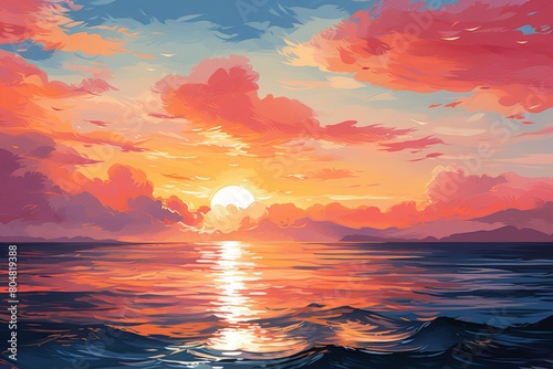 The setting sun casts a golden glow on the ocean. The sky is ablaze with color, and the waves are capped with white foam.