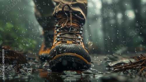 Close-up of hiking boots walking in forest with wet ground, trail in the forest on a rainy day