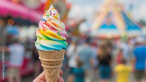 Hand holding colorful ice cream in an amusement park