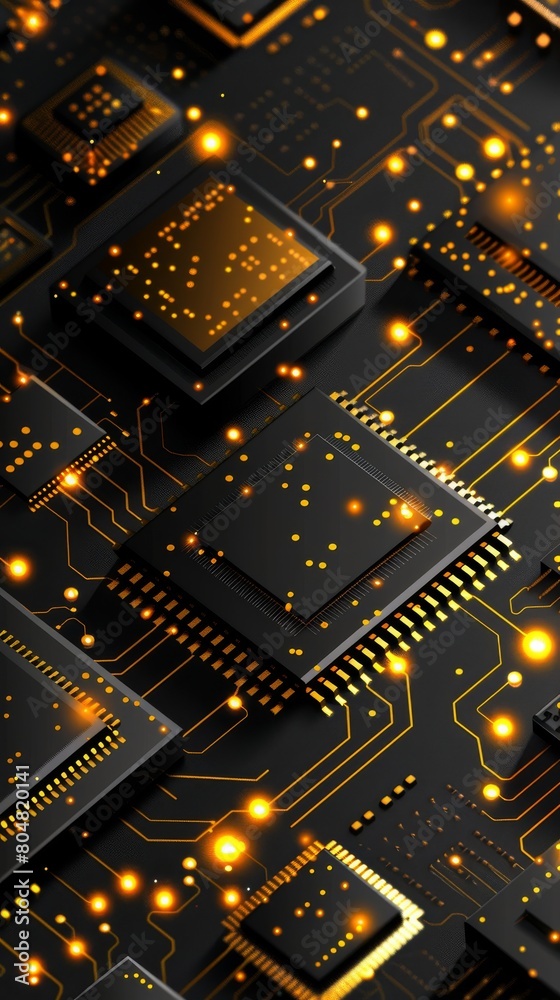 Close-Up of an Illuminated Circuit Board with Golden Traces, Perfect for Representing Advanced Technology and Electronic Engineering Close-Up of an Illuminated Circuit Board with Golden Traces, Perfect for Representing Advanced Technology and Electronic Engineering