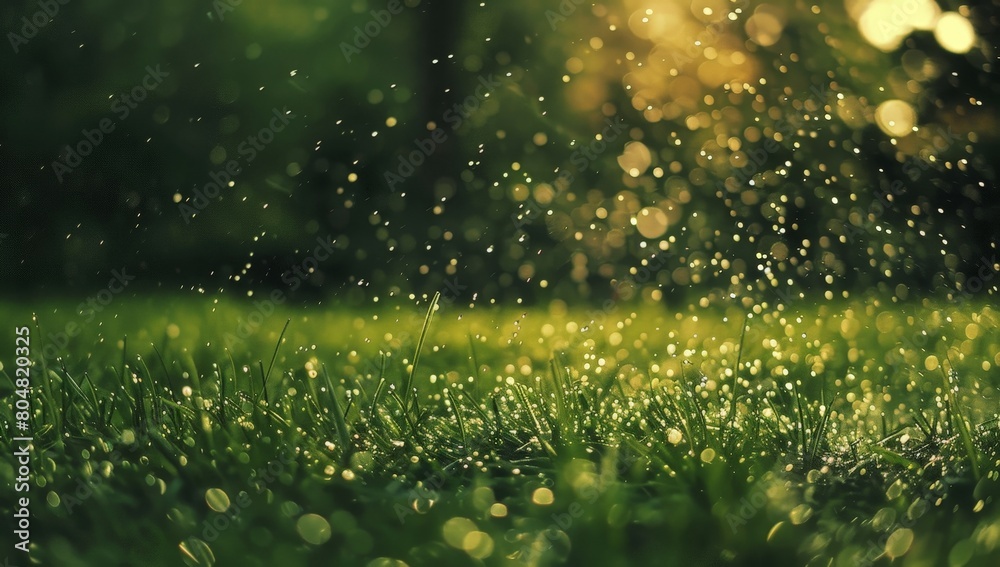 Lawn and water splash falling with blurred bokeh effect background