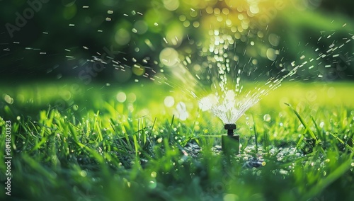 Close-Up View of a Sprinkler Watering Green Grass During a Sunny Day