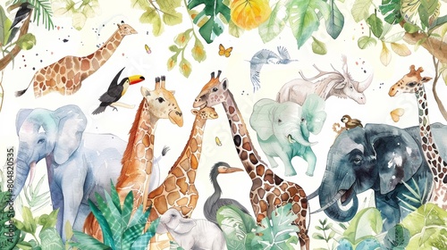 Watercolor poster showing a fun scene at a zoo with animals labeled by name and initial letter, combining learning with art