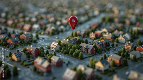 Red location pin on top of a model of a neighborhood with houses and streets