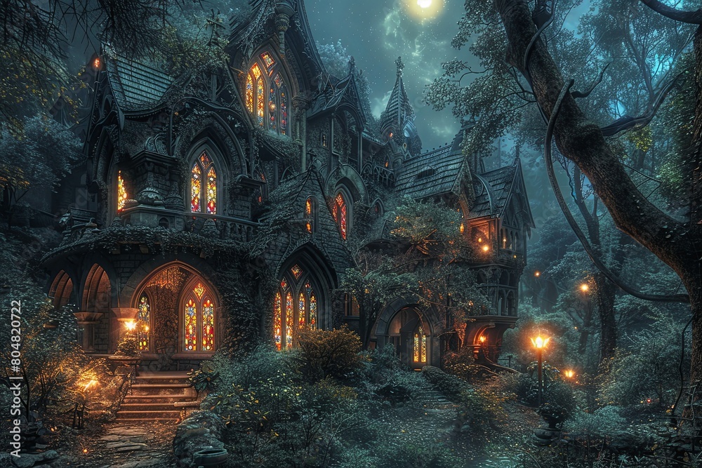 Neo-Gothic Marvel: A Towering Mansion of Pointed Arches and Stained Glass Windows Neo-Gothic Marvel: A Towering Mansion of Pointed Arches and Stained Glass Windows
