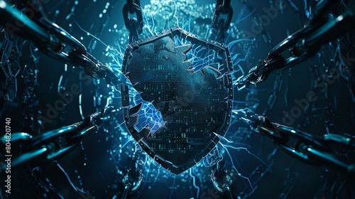 Shield surrounded by chains, cyber security concept 