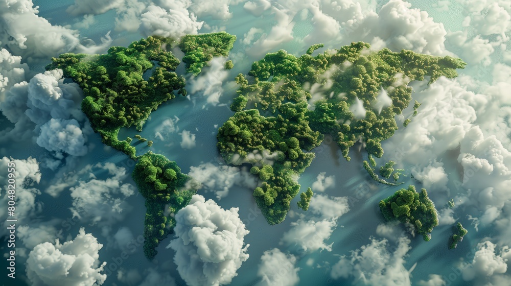A world map made of green forest, seen from above, with lakes and clouds in the background, island shaped like a world map A world map made of green forest, seen from above, with lakes and clouds in the background, island shaped like a world map