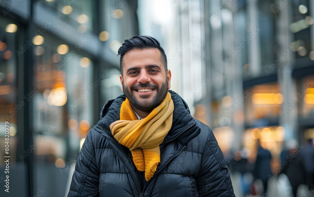 A handsome businessman stands on the street of financial district, smiling at the camera, wearing a warm jacket and scarf. atmosphere of busy city life. lively urban vibe. generative AI A handsome businessman stands on the street of financial district, smiling at the camera, wearing a warm jacket and scarf. atmosphere of busy city life. lively urban vibe. generative AI
