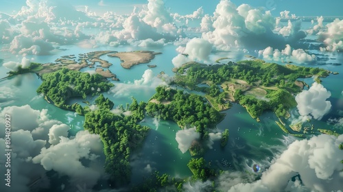 Fototapeta Naklejka Na Ścianę i Meble -  A world map made of green forest, seen from above, with lakes and clouds in the background, island shaped like a world map